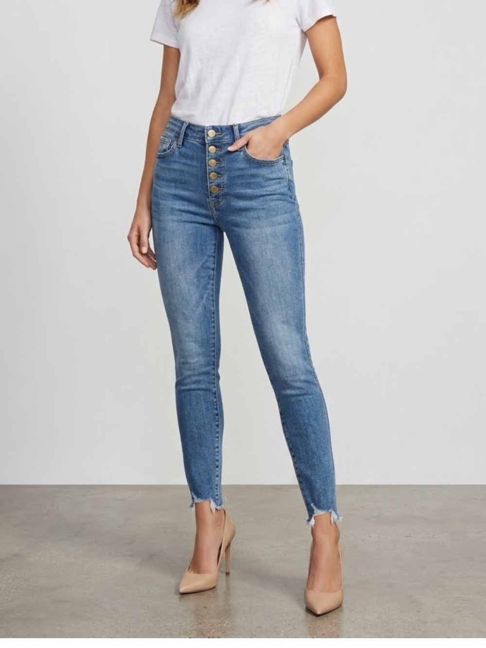 Sam Edelman “The Stiletto” Medium Wash High-Rise Skinny Jeans with Button Fly